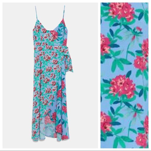 Zara Blue and Pink Floral Print Midi Dress - Picture 5 of 11